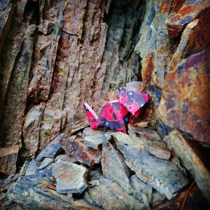 Chat en origami sur un rocher